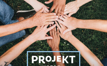 Diverse hands stacked in a circle on green grass, symbolizing teamwork and collaboration; overlaid with 'PROJEKT 1816' text on a poster.
